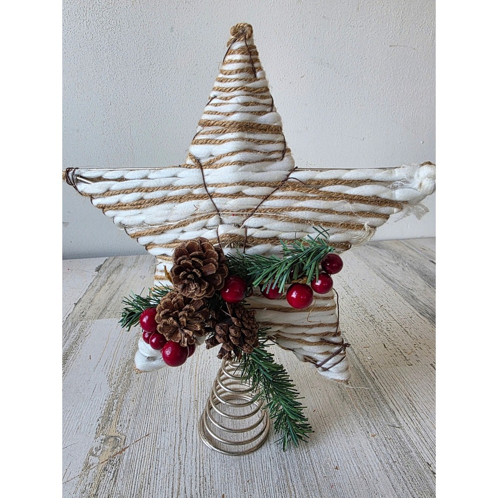 Country star tree topper poinsettia berries pinecone Xmas